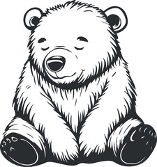 Black and white cartoon illustration of a cute sleeping bear cub sitting peacefully with closed eyes
