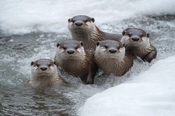 Four otters emerge from icy water, their curious faces peering towards the viewer.