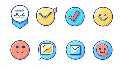 Colorful checkmark and smiley icons; app design elements