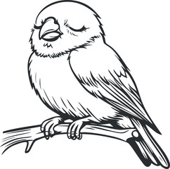 Black and white line art illustration of a small bird perched on a branch with closed eyes, appearing to be sleeping or resting peacefully.