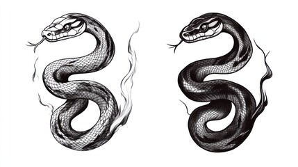 Obraz premium Two stylized snake tattoo designs, white background, graphic art, design element