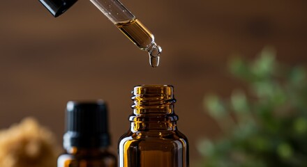 Dropping Liquid Into Bottle with Pipette - Herbal Essence Concept