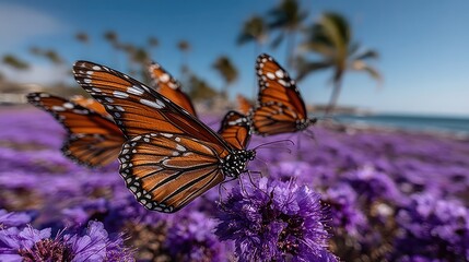 Monarch butterflies on a purple flower field near the ocean
