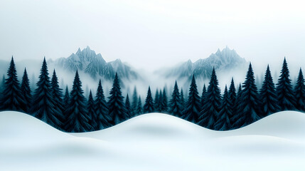 Fototapeta premium Frosty Winter Wonderland: Snow Covered Mountains and Forest in Fog