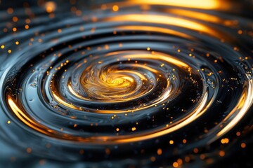Abstract swirling vortex of dark liquid with golden glowing ripples and sparkling particles.
