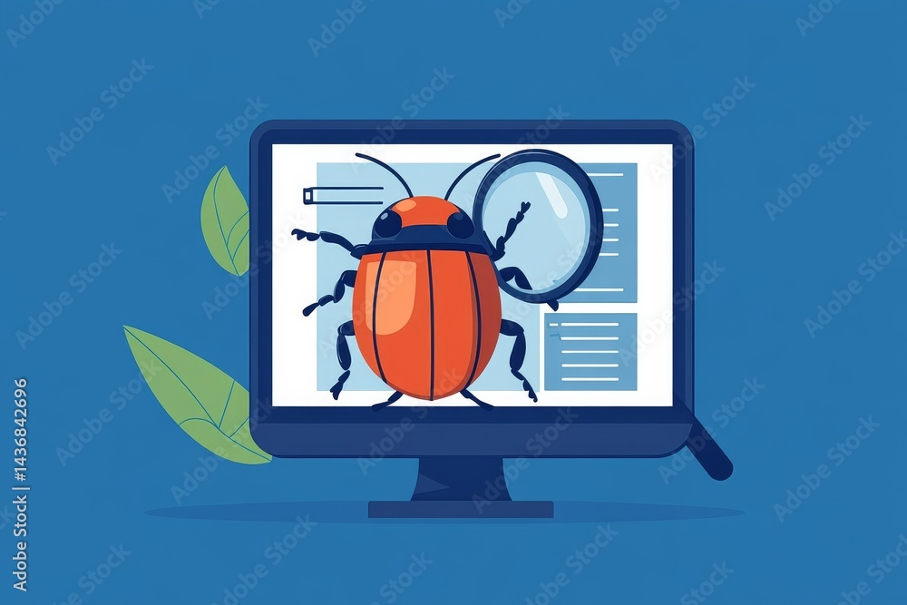 Poster discover a flat design illustration that highlights malware detection, featuring a bug under a magni