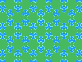 An abstract background with a repeating pattern of stylized, light blue, four-pointed shapes on a green background, creating a symmetrical and visually engaging design.