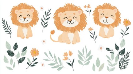 Cute lion cubs sit surrounded by floral elements, perfect for children's designs