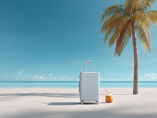 Obraz premium A light blue suitcase sits on a pristine beach next to a palm tree and a refreshing coconut drink under a bright summer sky.