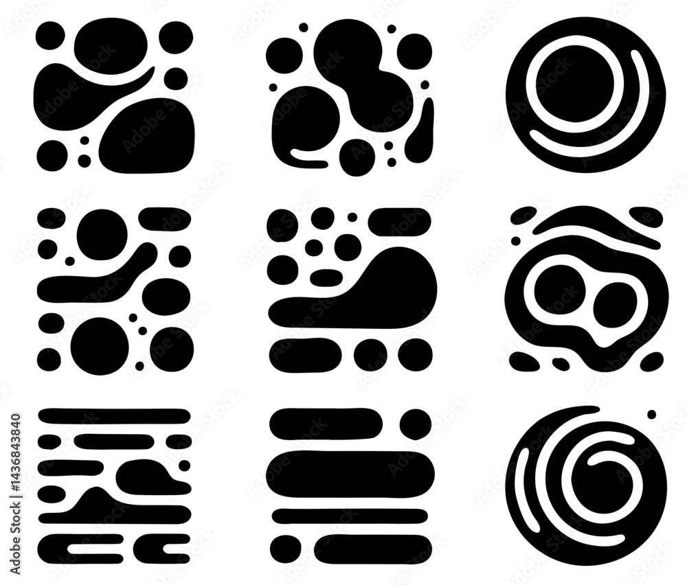 Poster a series of black and white circles and squares with a variety of shapes and sizes. the circles and 