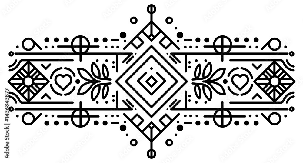 Poster a black and white drawing of a patterned border with a pair of hearts. the border is made up of many