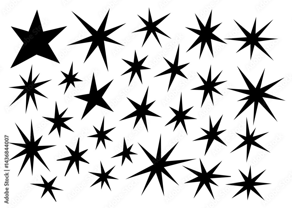 Aufkleber this stock image features a diverse array of black star silhouettes of different sizes and shapes, s