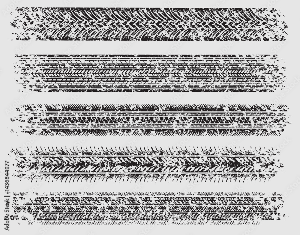 Poster a collection of five distinct grunge tire track patterns in vector format, each showcasing unique tr