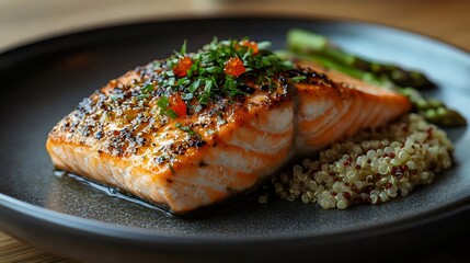 A close-up of a delectable salmon fillet with quinoa and asparagus, beautifully presented.