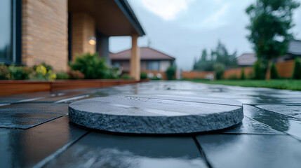 Close Up of Wet Grey Stone Paver on Modern Home Patio