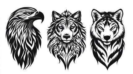 Obraz premium Tribal Eagle, Wolf Heads; White Background; Tattoo Design