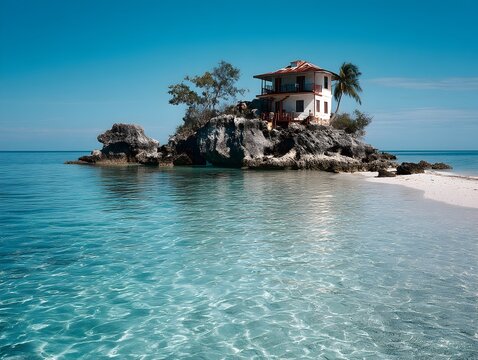 A secluded white house sits atop a rocky island in a tropical paradise with crystal-clear turquoise water and a pristine white sand beach.
