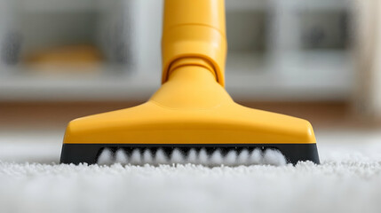Close-up of Yellow Vacuum Cleaner Head on White Carpet