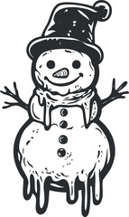 Black and white illustration of a melting snowman with a hat, scarf, carrot nose, and stick arms