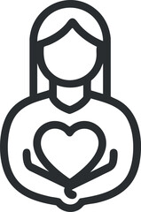 Line icon of a woman holding a heart symbol representing care, love, and affection