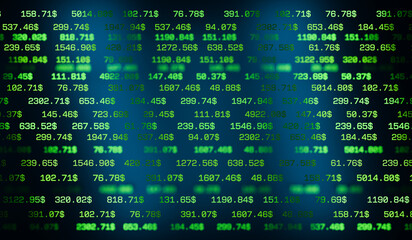 Fototapeta premium Abstract data in green, gain, profit, growth, wealth, stock market rally, bull market.