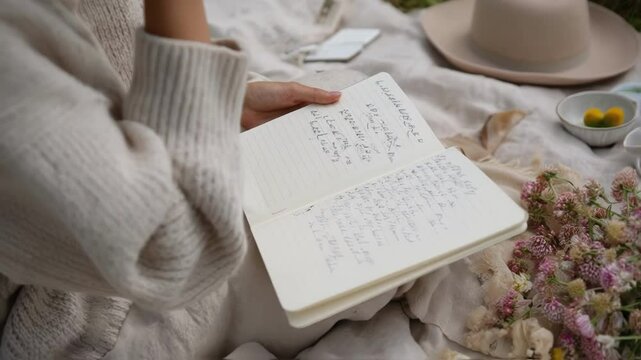An individual journaling outdoors on a picnic blanket with an open notebook filled with handwritten thoughts surrounded by blooming flowers and soft grass.