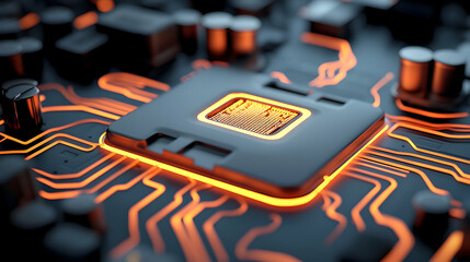 Glowing Gold Circuitry on Futuristic Microchip
