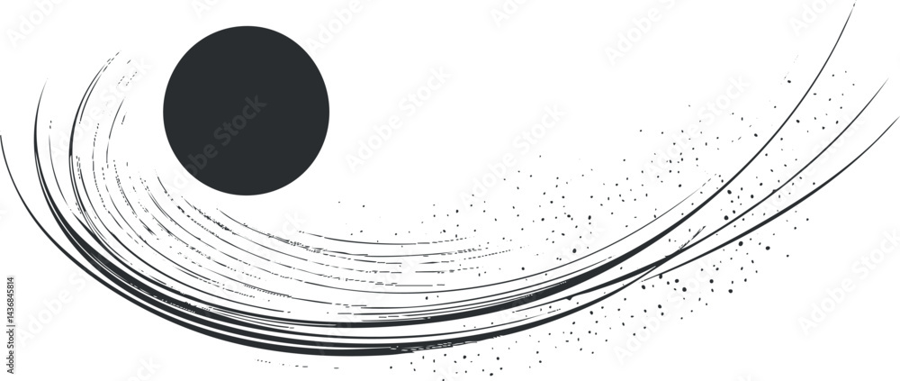 Poster abstract black circle with dynamic curved brush strokes and scattered dots on white background