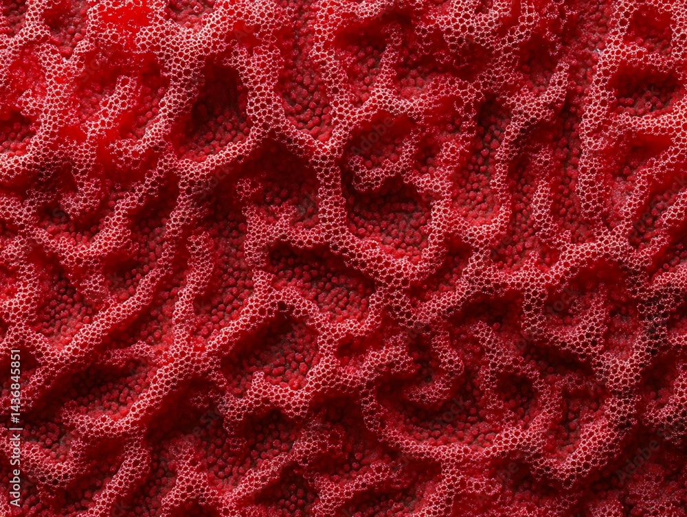 Poster high-resolution image of red, interconnected bead-like surface texture