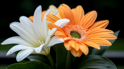 Closeup of Orange Gerbera and White Lily Flowers