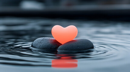 Glowing Heart Shaped Light on Dark Pebbles in Still Water