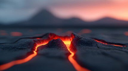 Glowing Lava Erupting Through Cracked Ground at Sunset