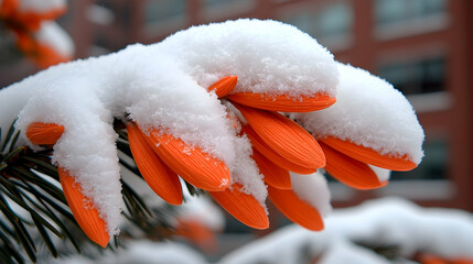 Closeup of Snow Covered Orange Pine Branch