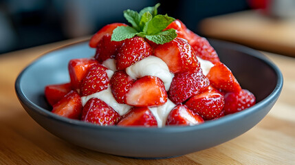 Closeup of Red Strawberries and Cream Dessert in a Gray Bowl