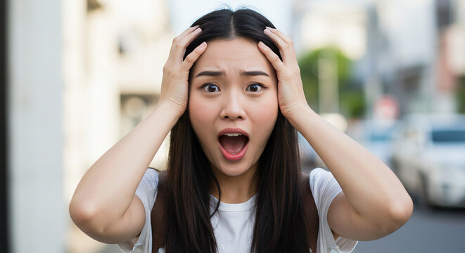 Startled Young Woman Clutching Her Head Expresses Shock And Disbelief Outdoors On A Sunny Day