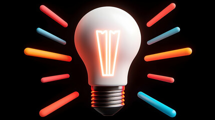 Glowing Lightbulb with Neon Accents on Black Background