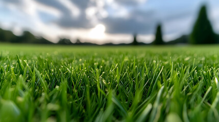 Closeup Vibrant Green Grass with Dew Drops at Sunrise