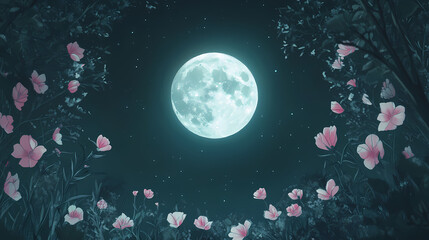 Fototapeta premium Whimsical moon surrounded by floral halo at night, enchanting beauty. Halo Petal. Illustration
