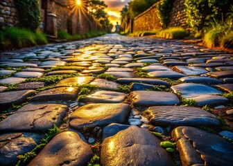 Aerial View of Ancient Roman Cobblestone Road - Historic Street Texture