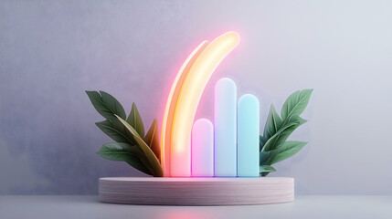 Glowing Neon Graph with Pastel Cylinders on Wooden Platform