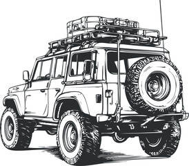 Black and white sketch of an offroad SUV with luggage on roof rack and spare tire on back for adventure travel © vadymstock