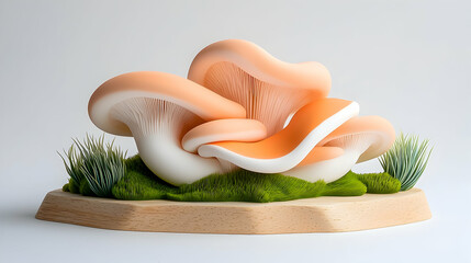 Cluster of Peach and White Mushrooms on Mossy Wood Base