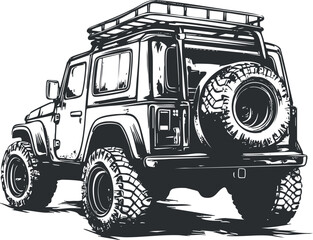 Black and white illustration of an offroad 4x4 jeep with spare tire and roof rack for outdoor adventure © vadymstock