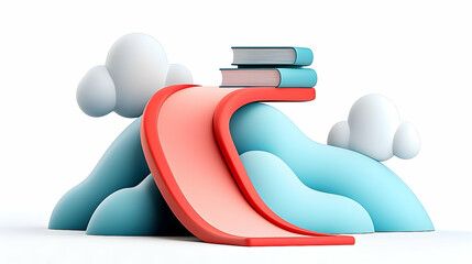 Colorful 3D Illustration of Books on a Red Path Leading Upward Through Blue Hills