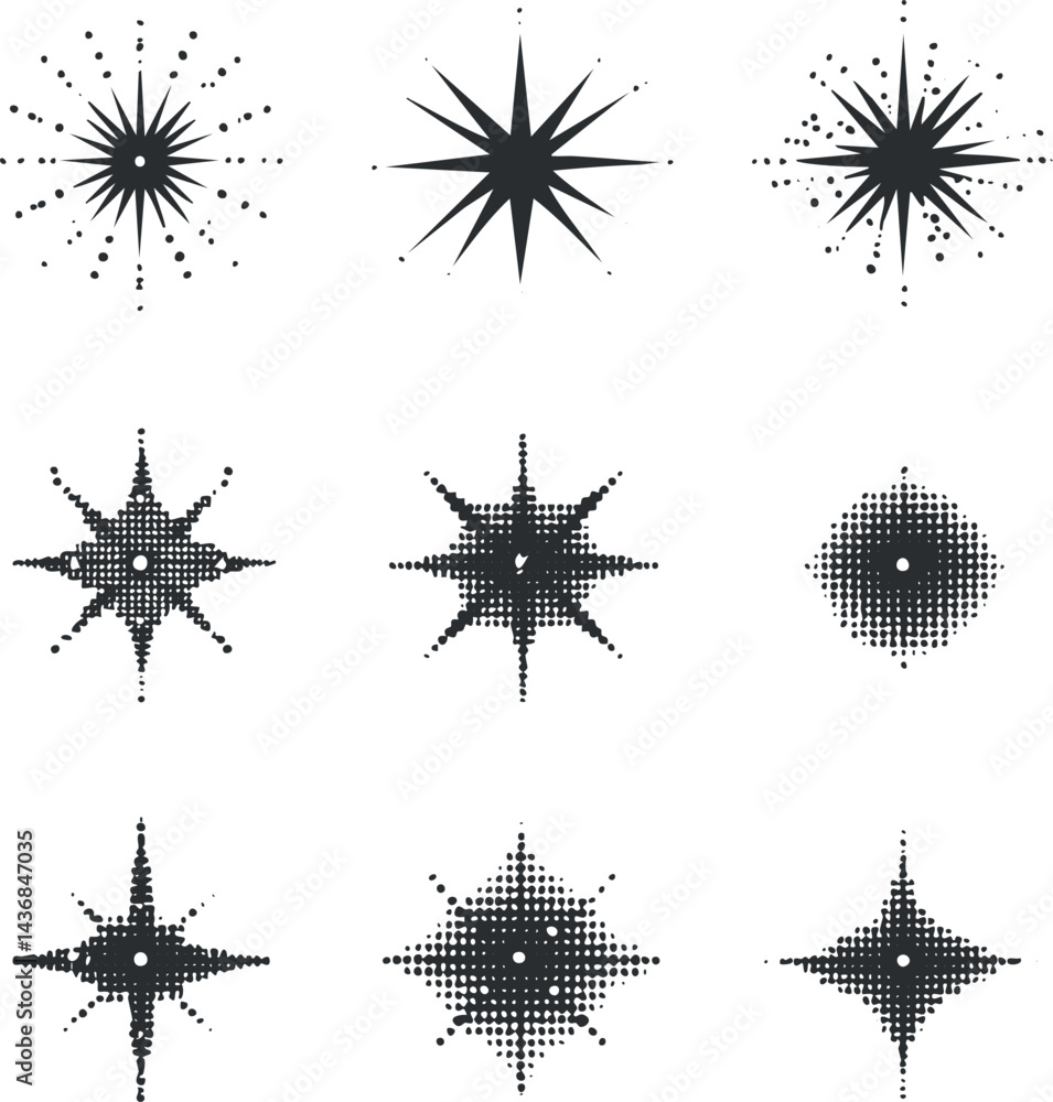 Aufkleber set of nine black starburst and sparkle vector icons with various dot and pointed shapes