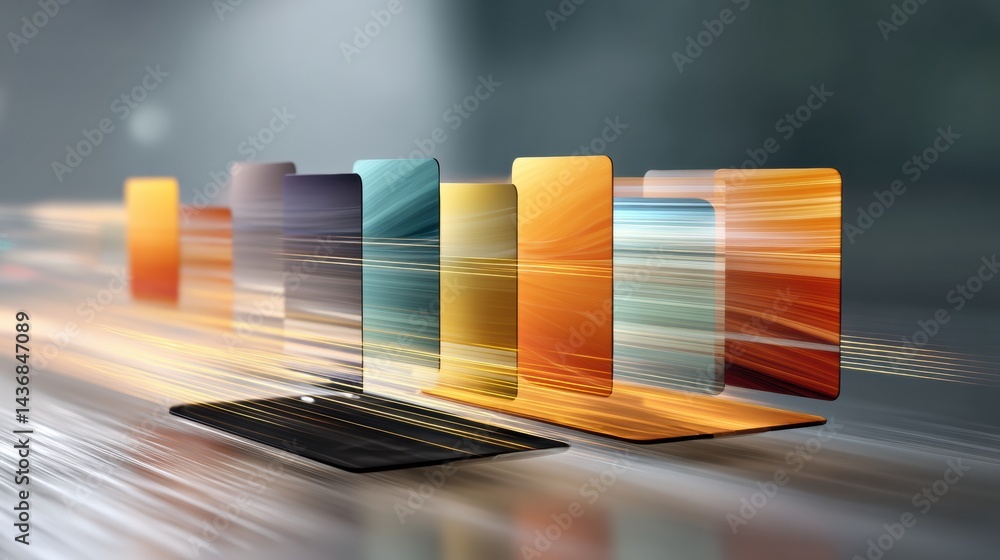 Poster Dynamic Floating UI Cards Transition Over Smartphone With Motion Blur Effects Enhancing the Visual Experience
