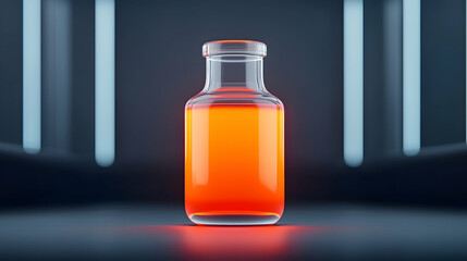 Glowing Orange Liquid in Glass Vial on Dark Background