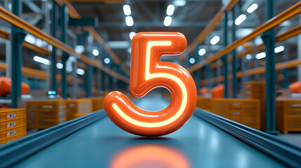 Glowing Orange Number Five on a Conveyor Belt in a Modern Factory