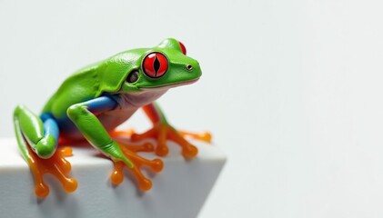 Fototapeta premium Single red-eyed tree frog on pure white backdrop, red, exotic, frog