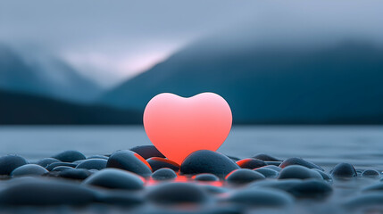 Glowing Pink Heart Shaped Light on Dark Pebbles by Calm Water with Mountain Background